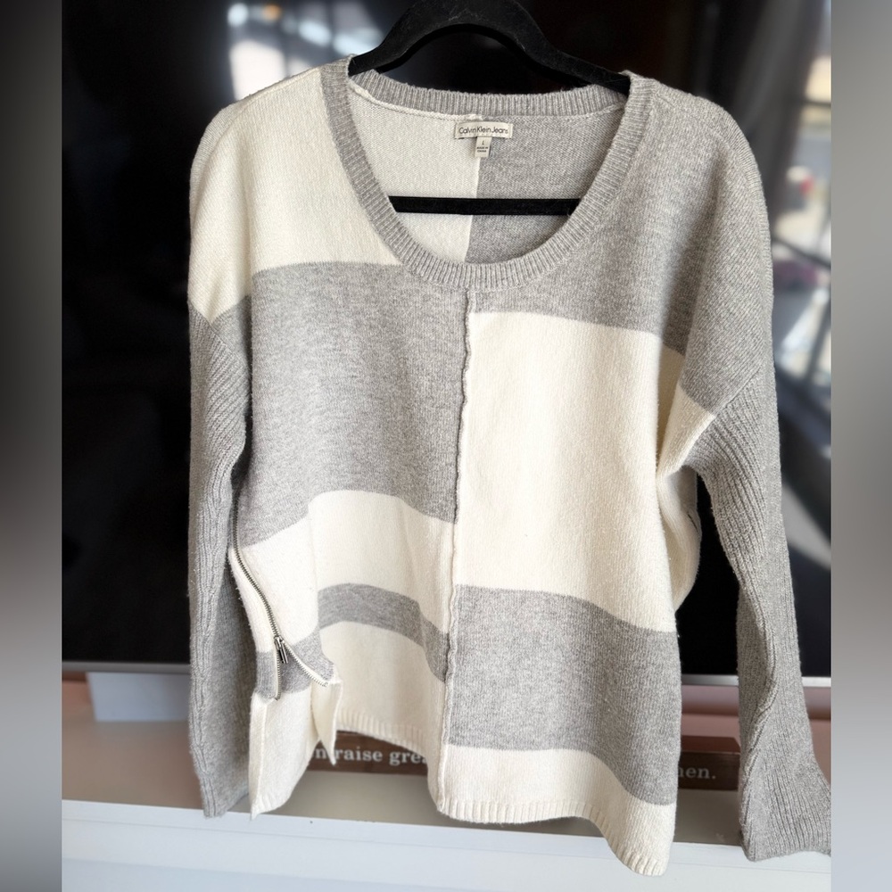 Calvin Klein Jeans Gray and Cream Striped Sweater